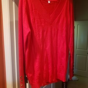 Red V-Neck Sweater with Button Details